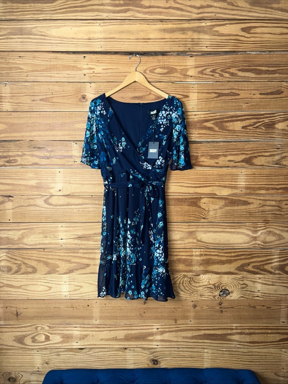 DKNY Navy Blue Floral Wrap Mini Dress